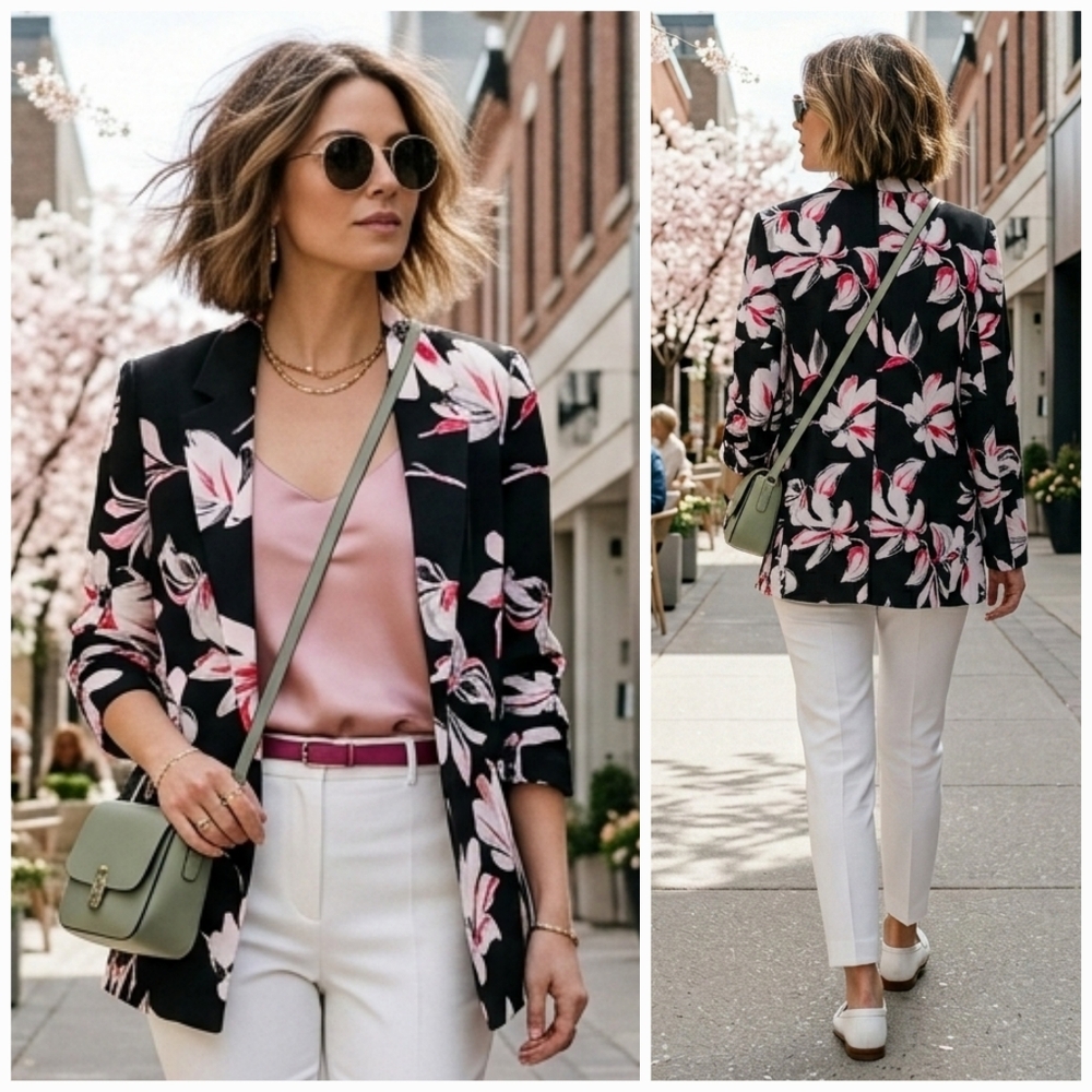 Floral Black & Pink Women's Blazer Jacket